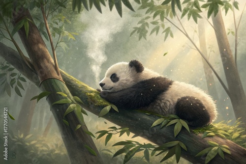 Sleepy Panda Cub Resting on a Bamboo Branch in the Forest