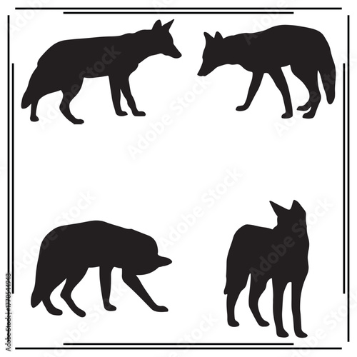 Set of Black Silhouetted Coyotes - Various Poses including Walking, Standing, and Stalking - Vector Icons for Wildlife, Nature, and Animals