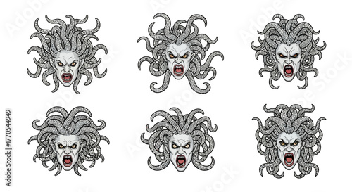 Angry medusa, medusa head vector, tattoo design serpent and medusa.
