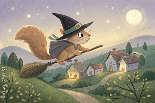 Squirrel Witch Flying on Broom Over Village in the Night