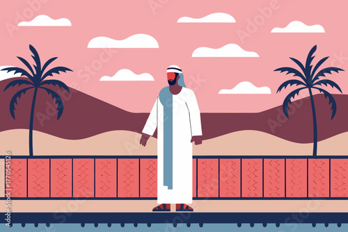 Arab man in traditional attire standing outdoors with palm trees and mountains.