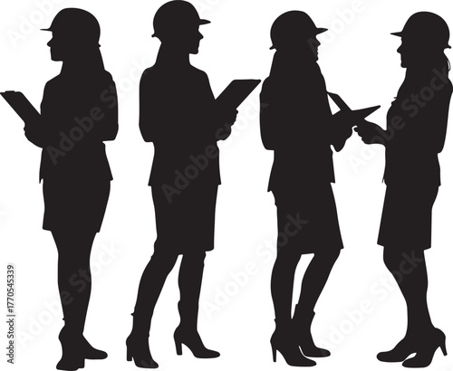 Four Silhouetted Women Wearing Hard Hats and Holding Tablets on a White Background female engineers