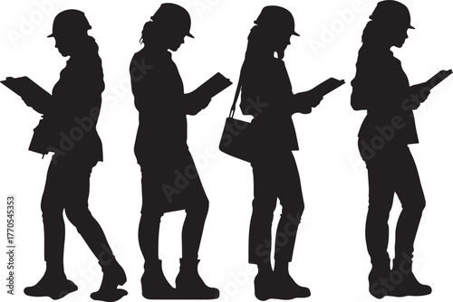 Four Silhouetted Women Wearing Hard Hats Reading Documents on a White Background female engineers
