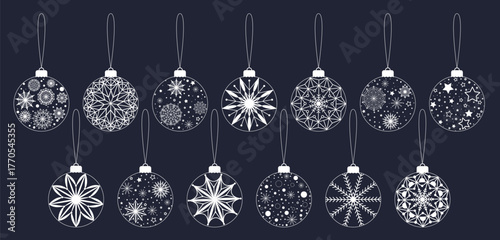 Set of New Year's festive Christmas tree baubles. Round Christmas tree ornaments with openwork lace patterns of snowflakes and stars. Clip art of hanging baubles, vector graphics