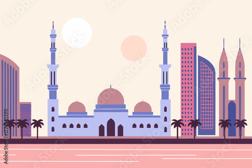 Modern Cityscape with Grand Mosque and Skyscrapers at Sunset.