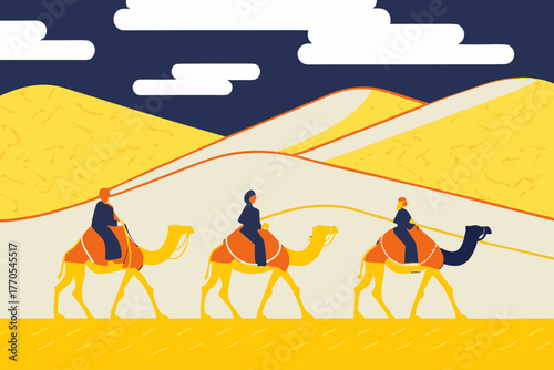 Three people riding camels in a desert landscape at night.