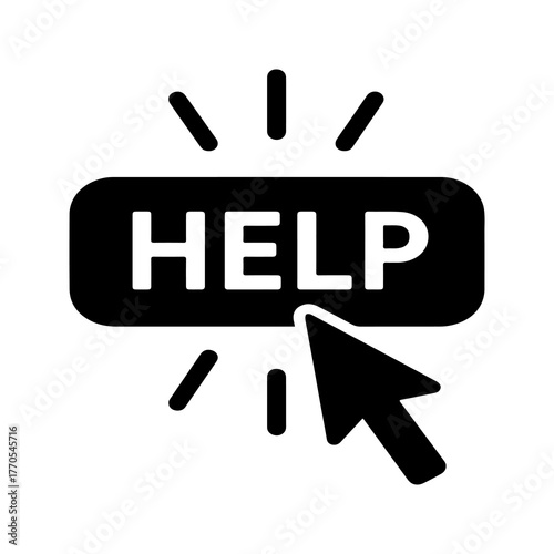 A black and white illustration of a computer cursor hovering over a glowing help button symbolizing online assistance and support options