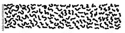 Abstract black squiggly doodle pattern. Wavy curved strokes forming organic fluid shapes and fun irregular lines. Modern minimalist art texture for creative design, kids projects, and playful