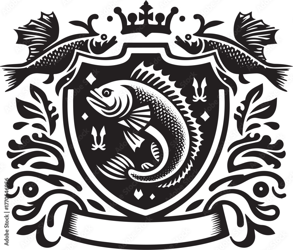 Obraz premium Intricate Black and White Fish Crest Design Emblazoned with Crow