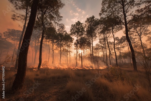 Wide shot of a deserted dry forest with active flames and dense smoke during severe wildfire season