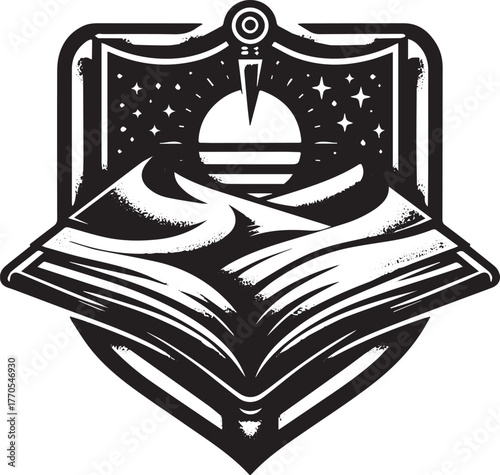 Artistic Emblem Depicting a Book, Desert Landscape, Stars, and C