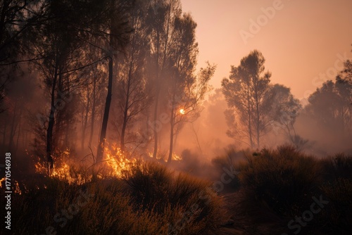 Wide shot of burning trees and thick smoke spreading across a dry forest during extreme wildfire
