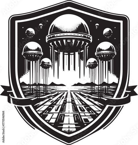 Intricate Black and White Illustration of Futuristic Cityscape W