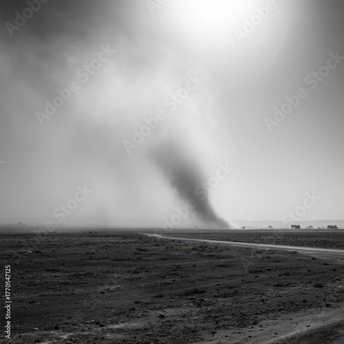 Monochrome view of a dust storm twisting across an empty open landscape