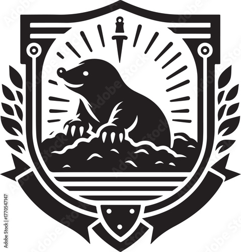 Illustration of a Mole Inside a Shield with Dagger and Radiating