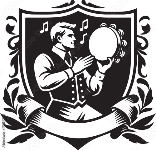Illustration of a man playing a tambourine inside a heraldic cre