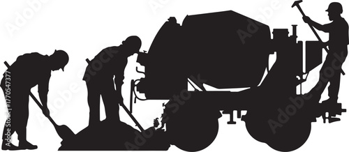 Silhouettes of construction workers operating a concrete mixer on a white background cement truck