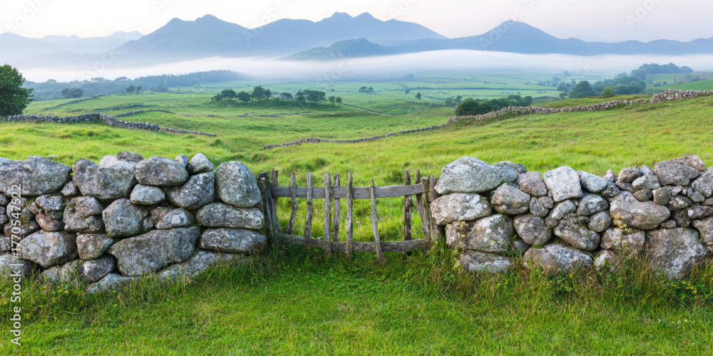 Fototapeta premium Gate is in the middle of a field with a stone wall on either side.