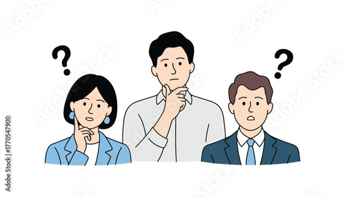 Three diverse people, a man and two women, looking confused with question marks above their heads, isolated on white background