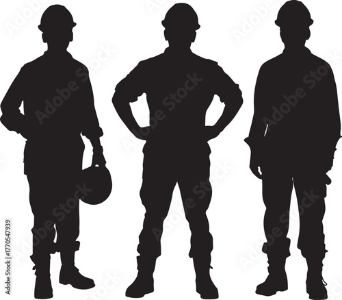 Three male construction workers in silhouette standing with hands on hips and holding hard hats on a white background