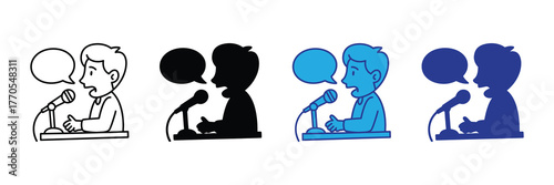A man speaking at a microphone with a speech bubble, presented in four different styles line art, silhouette, blue color, and dark blue silhouette