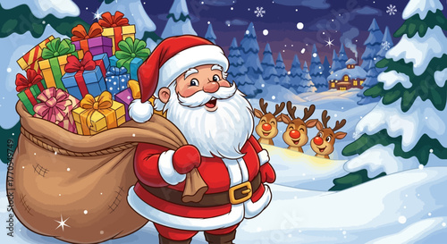 Cute cartoon Santa Claus carrying a big sack of gifts, surrounded