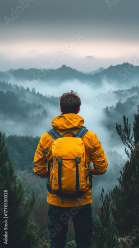 Adventurous traveler with a backpack stands on a high peak observing the beautiful foggy valleys and distant mountains.