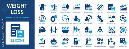 Weight loss flat icons collection. Slim, calories, diet, cardio, sport, manage weight, healthy eating, keto diet, exercise, metabolism, training schedule, protein sign set.