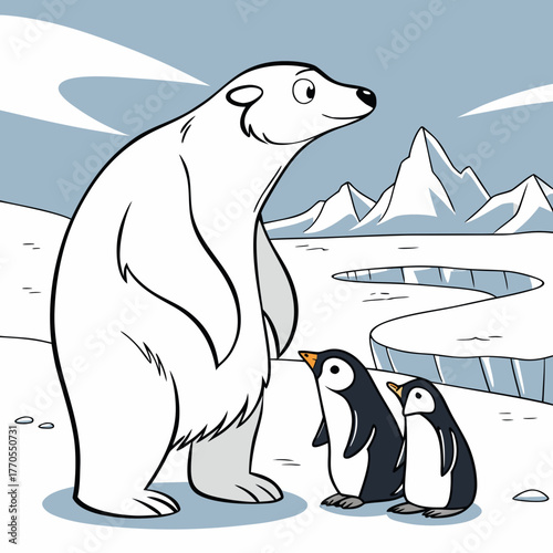 A polar bear and two penguins stand on ice with mountains in the background