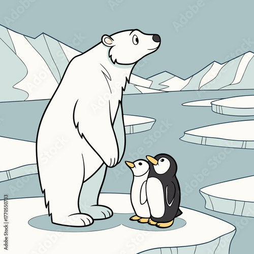 A polar bear stands with two penguins on an ice floe in the arctic