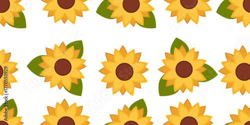 Seamless pattern with bright yellow sunflowers on white background. Perfect floral design for fabric, textile, wrapping paper, wallpaper, stationery, and summer decorative projects.