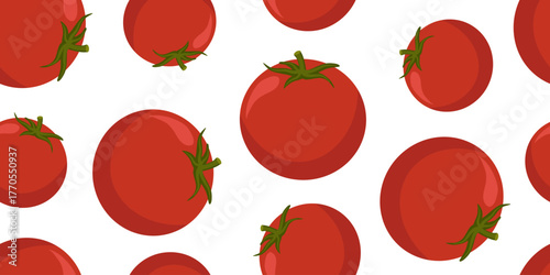 Seamless pattern with fresh red tomatoes on white background. Perfect vegetable farm design for fabric, textile, wrapping paper, kitchen decor, healthy food projects and backgrounds.