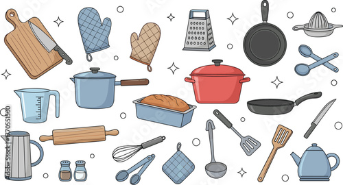 Cartoon Kitchen Utensils and Cookware Collection Featuring Baking Tools, Cooking Essentials, Whimsical Design Elements, and Culinary Equipment for Home Use