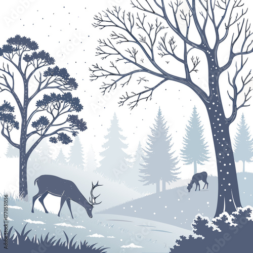 Winter landscape with deer grazing in a snowy forest with bare trees