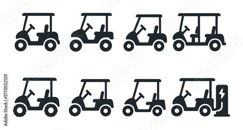 Silhouette icons of golf carts with charging station on dark background