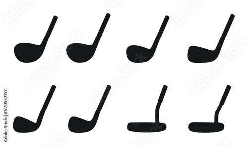 Set of eight golf club silhouettes on dark background