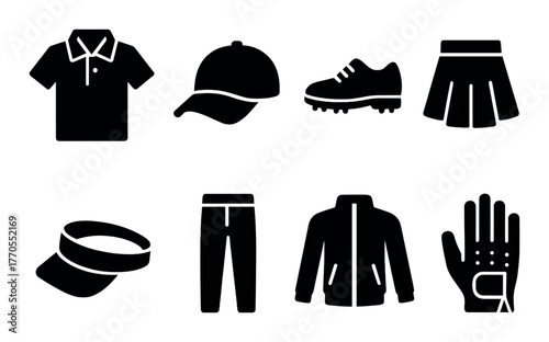 Silhouette icons of sport clothing items including hat, shoes, skirt, and more