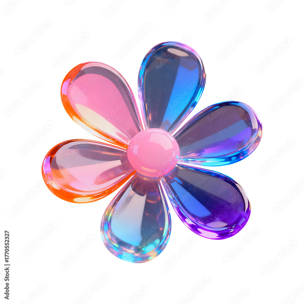 Fototapeta premium Iridescent crystal flower petals with pink center isolated on transparent background