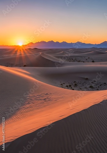 A scenic desert landscape, the sun's fiery rays bursting over undulating sand dunes during a radiant sunrise, mountains in the distance