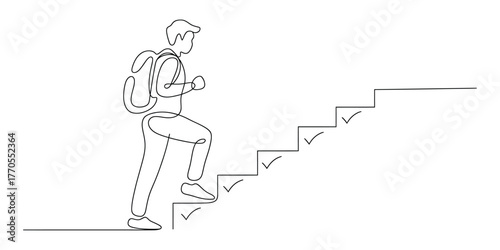 Continuous line drawing of a person climbing stairs with a backpack vector