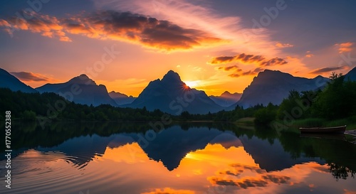 A scenic lake reflects a vibrant orange and yellow sunset behind silhouetted mountain peaks, with a small boat resting peacefully
