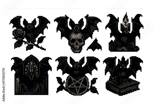 Pixel art gothic bats with skull, candle, and pentagram motifs