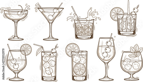 Artistic Cocktail Glass Collection Featuring Garnished Drinks in Martini, Highball, Wine, and Tumbler Styles with Splashes and Motion Effect