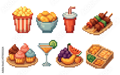 Pixel art snacks and desserts: popcorn, cupcakes, kebabs, fruit, and drinks