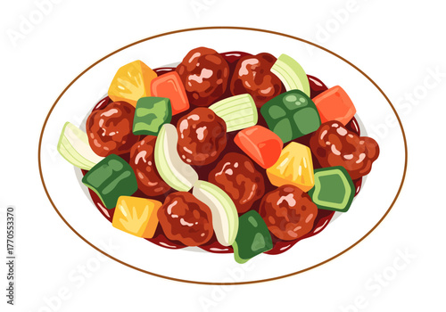 A vibrant vector illustration captures a classic dish of sweet and sour pork, generously mixed with colorful pineapple, green bell pepper, and onion chunks