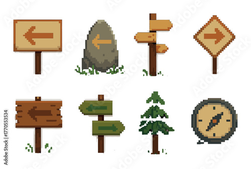 Pixel art style directional signs and symbols collection