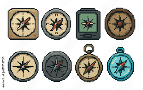 Set of eight pixel art compasses with retro design in various colors