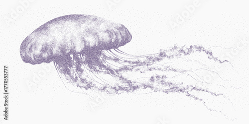 Jellyfish print. Minimal object with gritty surface faded ink and subtle paper noise. Dry stipple and scratch lines soften the edge and tone.