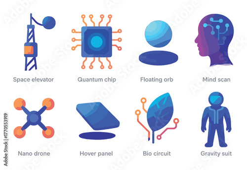Futuristic innovation icons: space elevator, quantum chip, and more