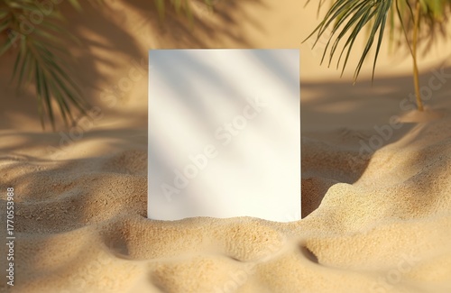 Blank white card on sandy beach with palm tree leaves shadow. Sand texture with ripples. Empty paper in sandy surface. Tropical summer scene with minimalist design. Card mockup for text logo display.
